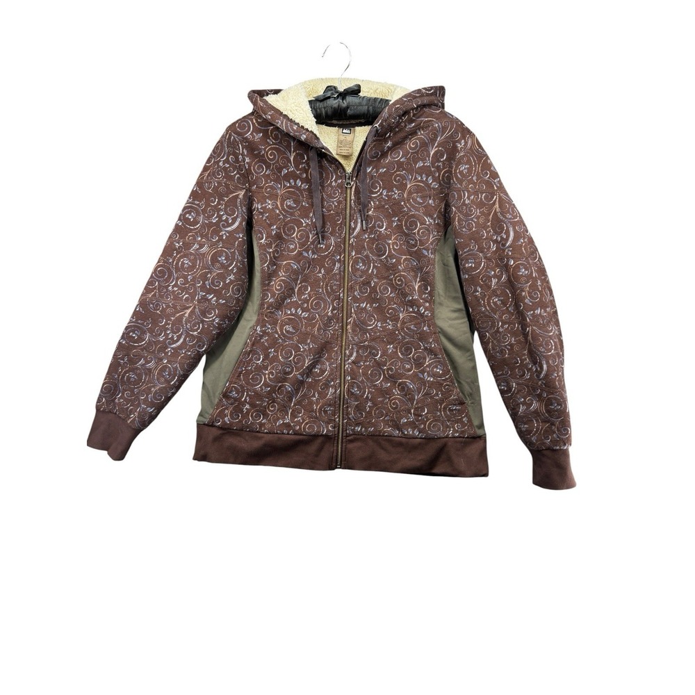 REI Women's XL Sherpa Lined Full Zip Hoodie Jacket Brown Scroll Print Cozy